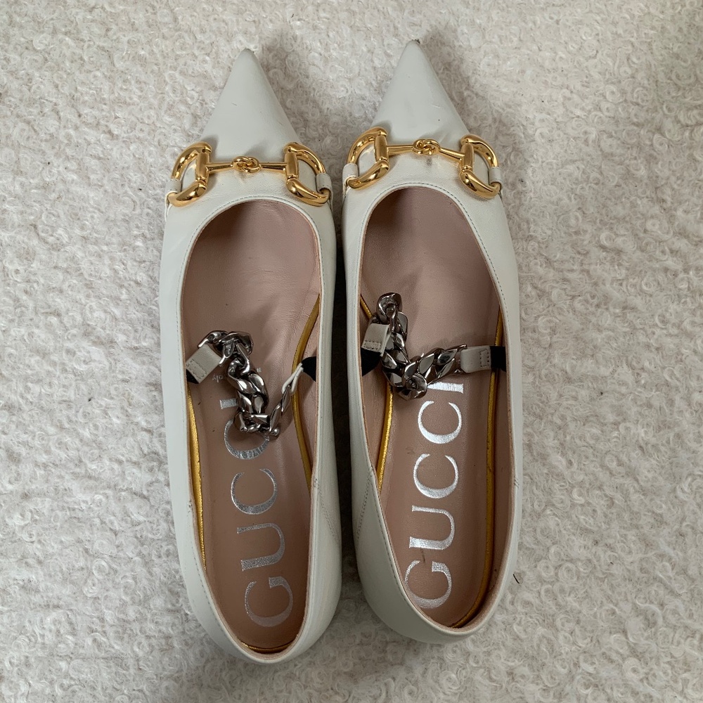 Gucci cream leather Mary Jane’s with silver metallic strap and gold horsebit